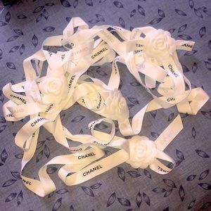 CHANEL White with Black Lettering Ribbon & Roses